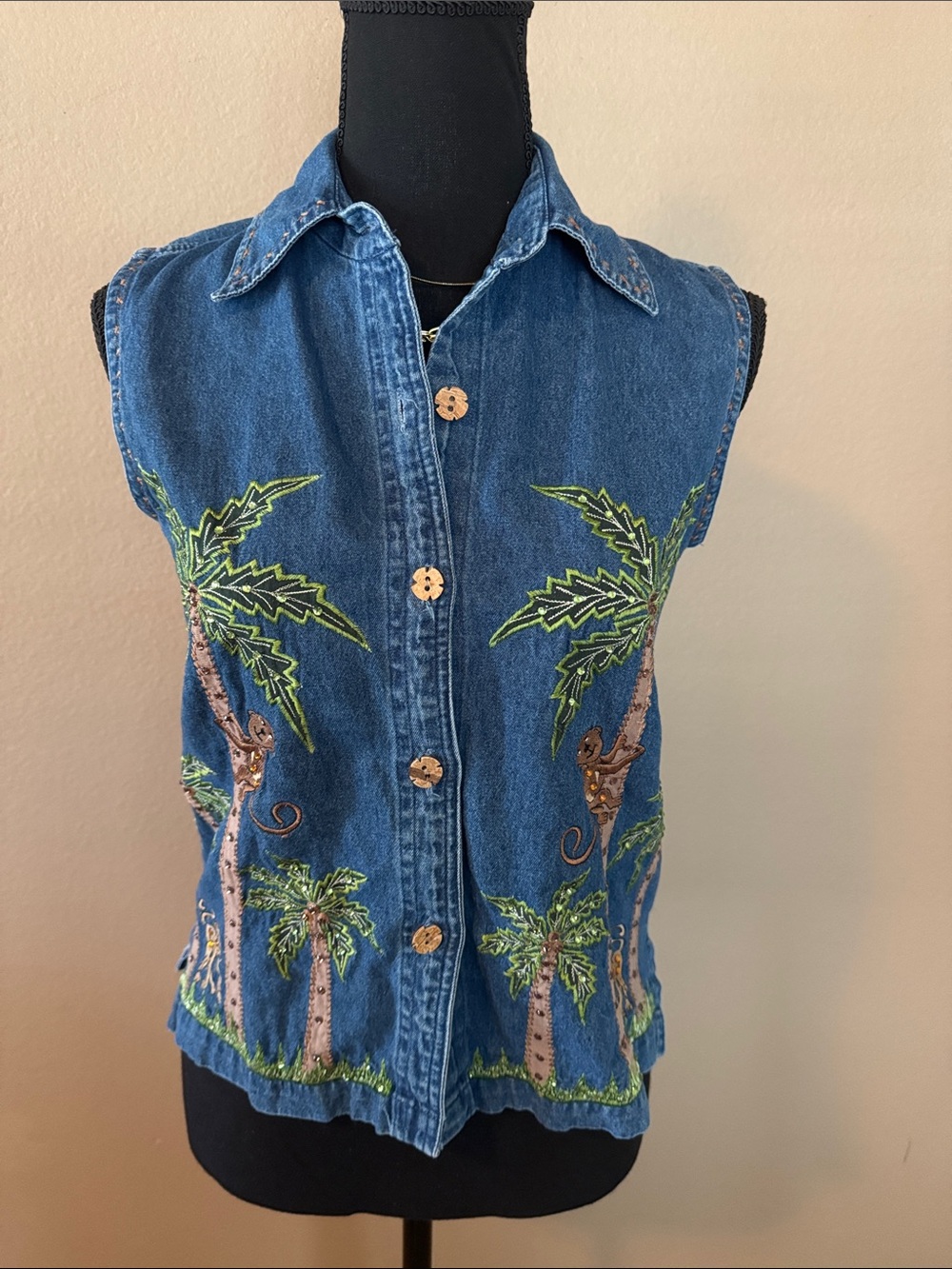 Denim Sleeveless Button-Up Rhinestoned Top with Embroidered Palm Trees